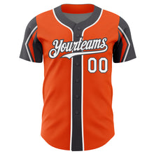 Load image into Gallery viewer, Custom Orange White-Steel Gray 3 Colors Arm Shapes Authentic Baseball Jersey
