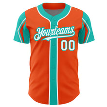 Load image into Gallery viewer, Custom Orange White-Aqua 3 Colors Arm Shapes Authentic Baseball Jersey
