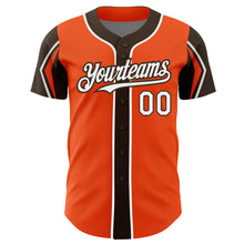 Load image into Gallery viewer, Custom Orange White-Brown 3 Colors Arm Shapes Authentic Baseball Jersey
