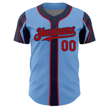 Load image into Gallery viewer, Custom Light Blue Red-Navy 3 Colors Arm Shapes Authentic Baseball Jersey
