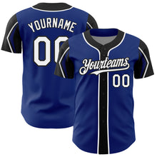 Load image into Gallery viewer, Custom Royal White-Black 3 Colors Arm Shapes Authentic Baseball Jersey
