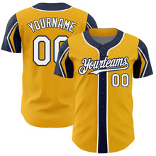 Load image into Gallery viewer, Custom Gold White-Navy 3 Colors Arm Shapes Authentic Baseball Jersey

