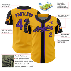Custom Gold Purple-Black 3 Colors Arm Shapes Authentic Baseball Jersey