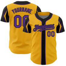 Load image into Gallery viewer, Custom Gold Purple-Black 3 Colors Arm Shapes Authentic Baseball Jersey
