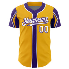 Load image into Gallery viewer, Custom Gold White-Purple 3 Colors Arm Shapes Authentic Baseball Jersey
