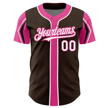 Load image into Gallery viewer, Custom Brown White-Pink 3 Colors Arm Shapes Authentic Baseball Jersey

