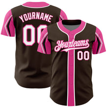 Load image into Gallery viewer, Custom Brown White-Pink 3 Colors Arm Shapes Authentic Baseball Jersey
