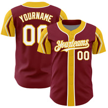 Load image into Gallery viewer, Custom Crimson White-Yellow 3 Colors Arm Shapes Authentic Baseball Jersey

