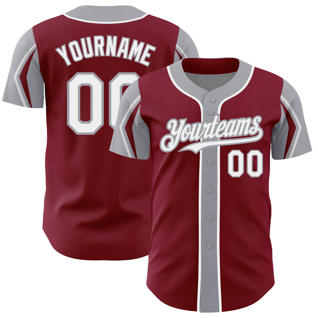 Custom Crimson White-Gray 3 Colors Arm Shapes Authentic Baseball Jersey