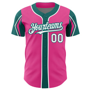 Custom Pink White-Teal 3 Colors Arm Shapes Authentic Baseball Jersey