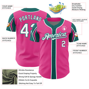 Custom Pink White-Teal 3 Colors Arm Shapes Authentic Baseball Jersey