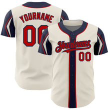 Load image into Gallery viewer, Custom Cream Red-Navy 3 Colors Arm Shapes Authentic Baseball Jersey
