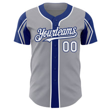 Load image into Gallery viewer, Custom Gray White-Royal 3 Colors Arm Shapes Authentic Baseball Jersey
