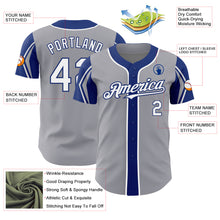 Load image into Gallery viewer, Custom Gray White-Royal 3 Colors Arm Shapes Authentic Baseball Jersey
