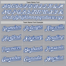 Load image into Gallery viewer, Custom Gray White-Royal 3 Colors Arm Shapes Authentic Baseball Jersey
