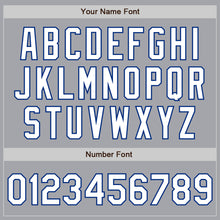 Load image into Gallery viewer, Custom Gray White-Royal 3 Colors Arm Shapes Authentic Baseball Jersey
