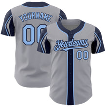 Load image into Gallery viewer, Custom Gray Light Blue-Navy 3 Colors Arm Shapes Authentic Baseball Jersey
