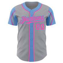 Load image into Gallery viewer, Custom Gray Pink-Light Blue 3 Colors Arm Shapes Authentic Baseball Jersey
