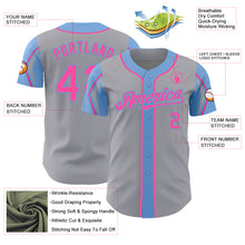 Load image into Gallery viewer, Custom Gray Pink-Light Blue 3 Colors Arm Shapes Authentic Baseball Jersey
