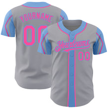 Load image into Gallery viewer, Custom Gray Pink-Light Blue 3 Colors Arm Shapes Authentic Baseball Jersey
