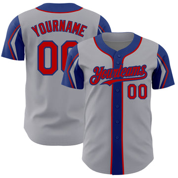 Custom Gray Red-Royal 3 Colors Arm Shapes Authentic Baseball Jersey