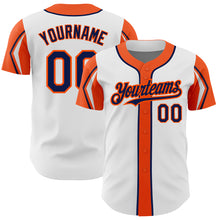 Load image into Gallery viewer, Custom White Navy-Orange 3 Colors Arm Shapes Authentic Baseball Jersey
