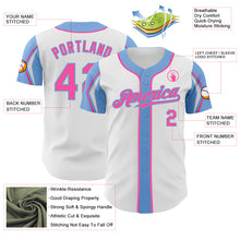 Load image into Gallery viewer, Custom White Pink-Light Blue 3 Colors Arm Shapes Authentic Baseball Jersey

