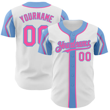 Custom White Pink-Light Blue 3 Colors Arm Shapes Authentic Baseball Jersey