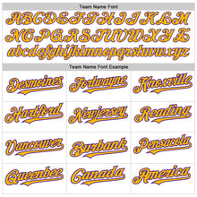 Load image into Gallery viewer, Custom White Gold-Purple 3 Colors Arm Shapes Authentic Baseball Jersey
