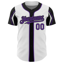 Load image into Gallery viewer, Custom White Purple-Black 3 Colors Arm Shapes Authentic Baseball Jersey
