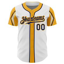 Load image into Gallery viewer, Custom White Navy-Gold 3 Colors Arm Shapes Authentic Baseball Jersey
