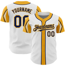 Load image into Gallery viewer, Custom White Navy-Gold 3 Colors Arm Shapes Authentic Baseball Jersey
