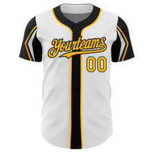 Load image into Gallery viewer, Custom White Gold-Black 3 Colors Arm Shapes Authentic Baseball Jersey
