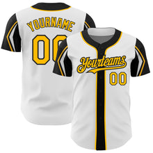 Load image into Gallery viewer, Custom White Gold-Black 3 Colors Arm Shapes Authentic Baseball Jersey
