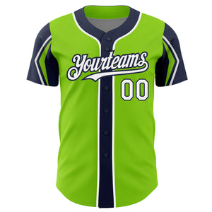 Custom Neon Green White-Navy 3 Colors Arm Shapes Authentic Baseball Jersey