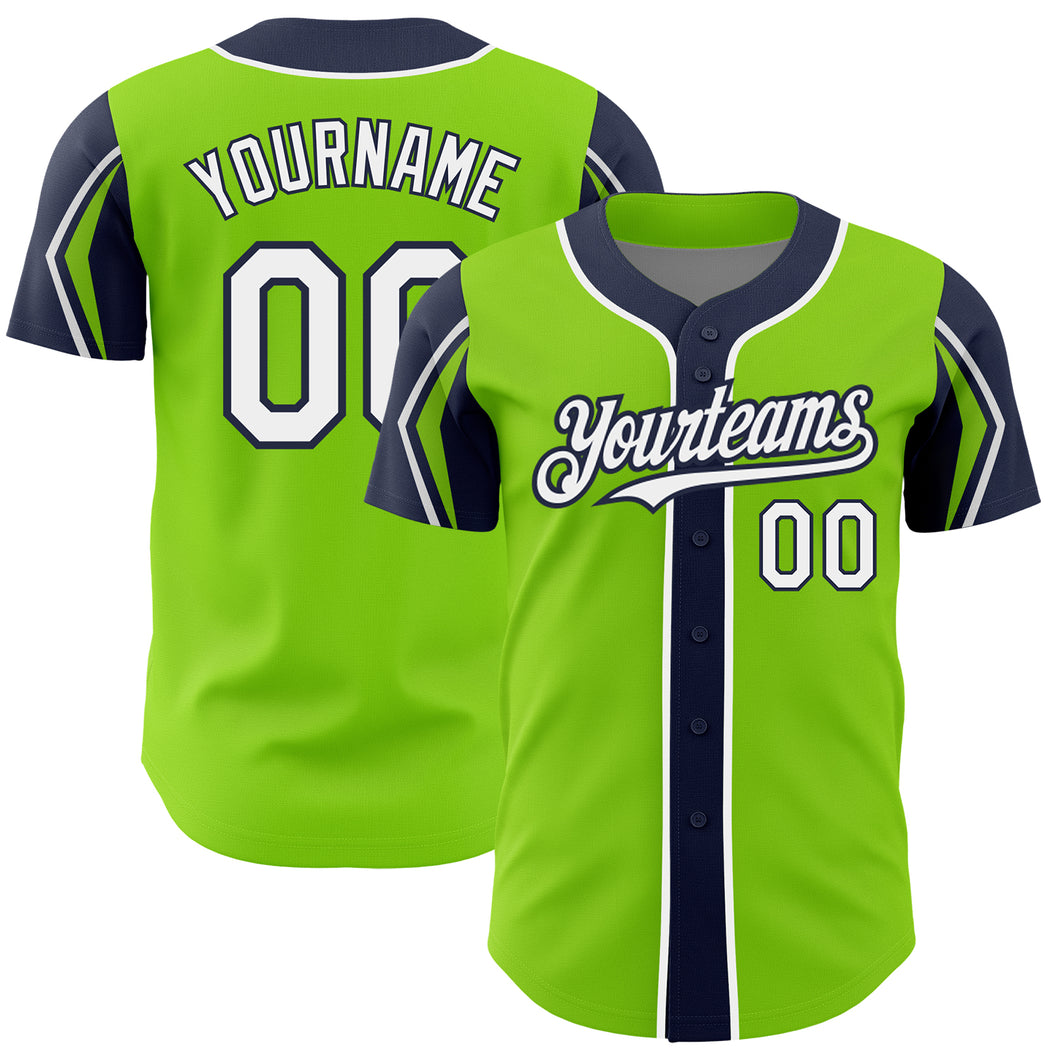 Custom Neon Green White-Navy 3 Colors Arm Shapes Authentic Baseball Jersey