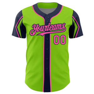 Custom Neon Green Pink-Navy 3 Colors Arm Shapes Authentic Baseball Jersey