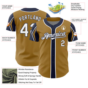 Custom Old Gold White-Navy 3 Colors Arm Shapes Authentic Baseball Jersey