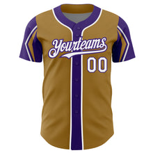 Load image into Gallery viewer, Custom Old Gold White-Purple 3 Colors Arm Shapes Authentic Baseball Jersey
