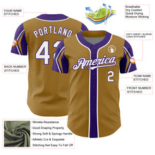 Load image into Gallery viewer, Custom Old Gold White-Purple 3 Colors Arm Shapes Authentic Baseball Jersey
