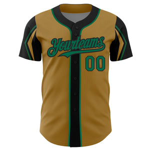 Custom Old Gold Kelly Green-Black 3 Colors Arm Shapes Authentic Baseball Jersey