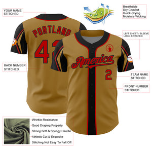 Custom Old Gold Red-Black 3 Colors Arm Shapes Authentic Baseball Jersey