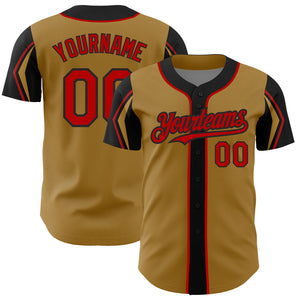 Custom Old Gold Red-Black 3 Colors Arm Shapes Authentic Baseball Jersey