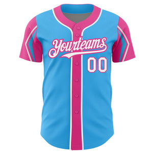 Custom Sky Blue White-Pink 3 Colors Arm Shapes Authentic Baseball Jersey