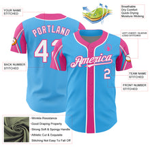 Load image into Gallery viewer, Custom Sky Blue White-Pink 3 Colors Arm Shapes Authentic Baseball Jersey
