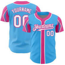 Load image into Gallery viewer, Custom Sky Blue White-Pink 3 Colors Arm Shapes Authentic Baseball Jersey
