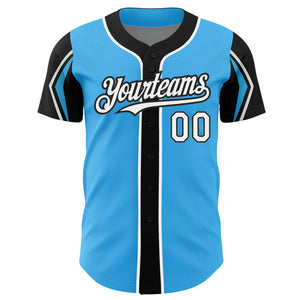 Custom Sky Blue White-Black 3 Colors Arm Shapes Authentic Baseball Jersey
