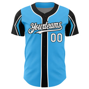 Custom Sky Blue White-Black 3 Colors Arm Shapes Authentic Baseball Jersey