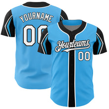 Load image into Gallery viewer, Custom Sky Blue White-Black 3 Colors Arm Shapes Authentic Baseball Jersey
