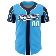 Load image into Gallery viewer, Custom Sky Blue White-Navy 3 Colors Arm Shapes Authentic Baseball Jersey
